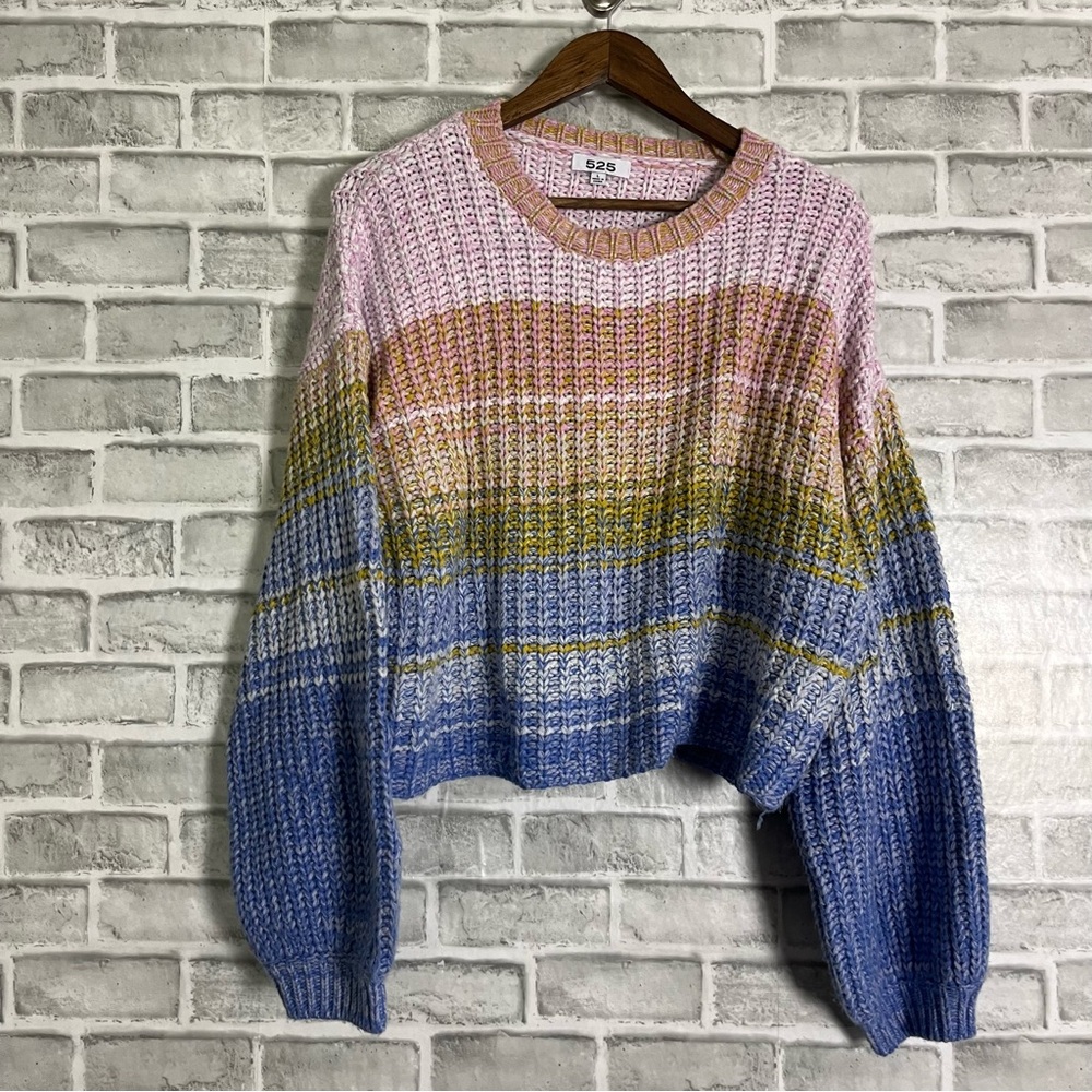 525 Chunky Knit Bright Colorful Striped Balloon Sleeve Crew Neck Sweater Sz L